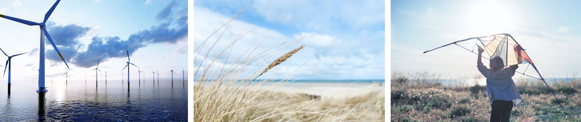 Windturbinen auf hoher See, Dünengräser im Wind, Kind mit Drache