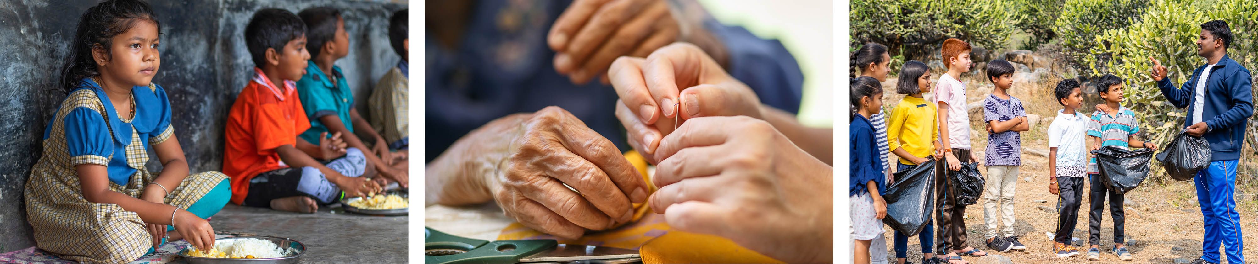 Kinder mit Essen - junge Hände helfen alten Händen - Kindergruppe lernt